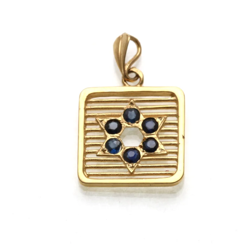 14k Yellow Gold Sapphire Star of David Square Pendant Stripes