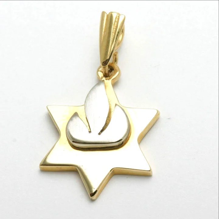 14k Yellow & White Gold Jewish Star of David Pendant Shin Flame