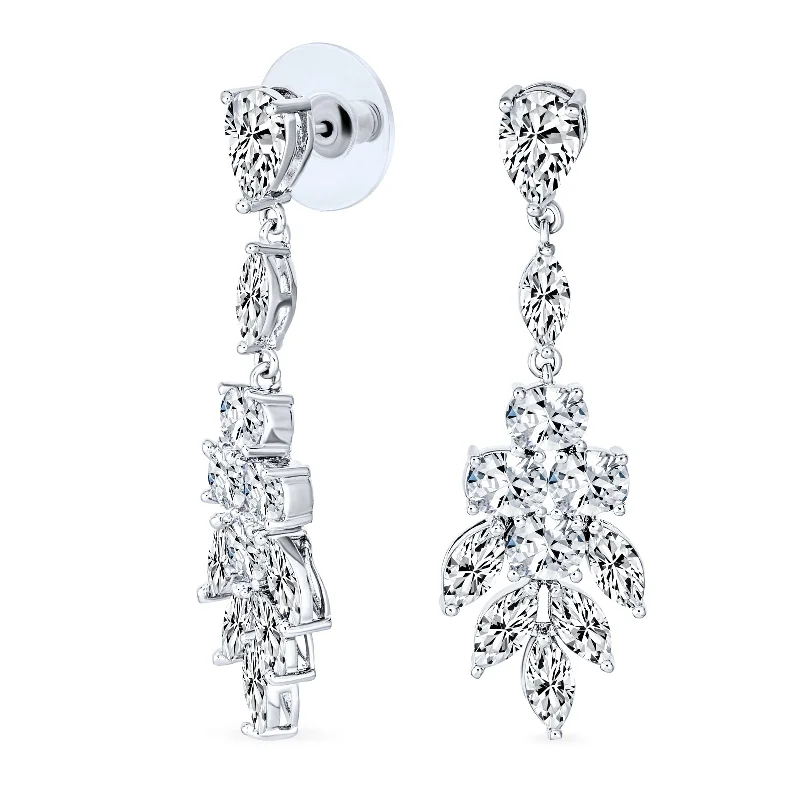 Bridal Teardrop Marquise CZ Dangle Chandelier Earrings Silver Plated Brass