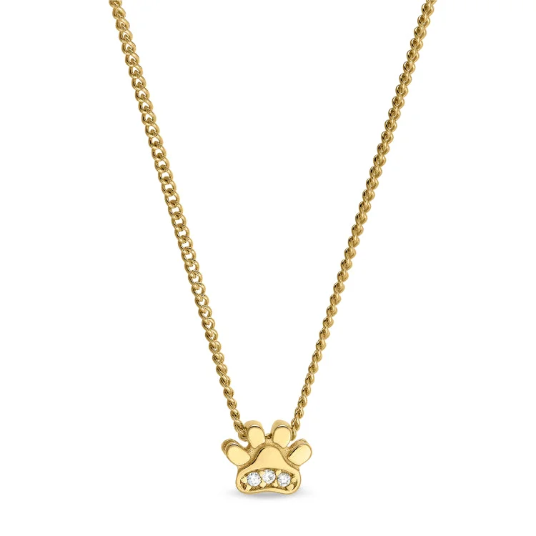 Gold Finish Finish Sterling Silver Paw Pendant with Simulated Diamonds on 18" Chain