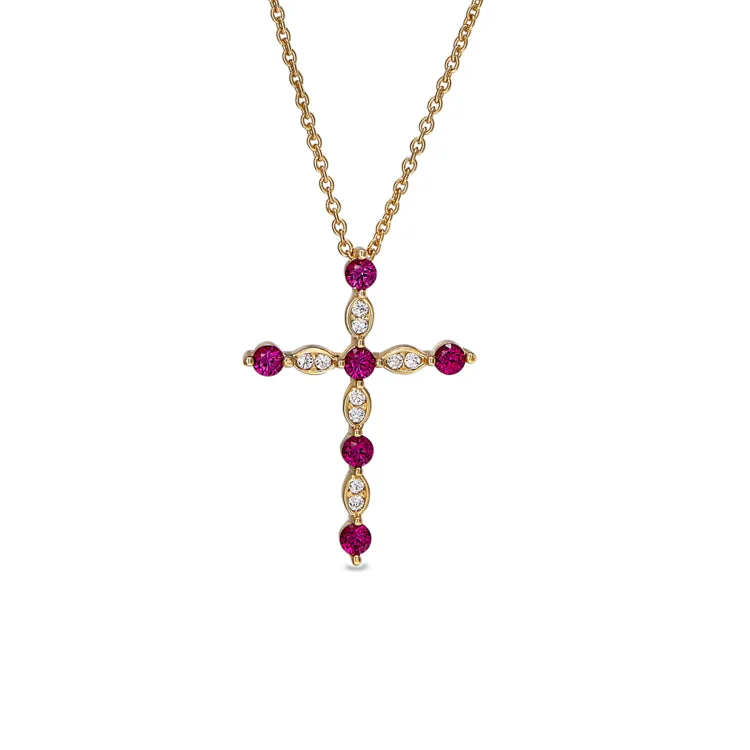 Gold Finish Sterling Silver Cross Pendant with Simmulated Rubies and Simulated Diamonds on 16" - 18" Adjustable Chain