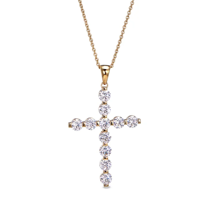 Gold Finish Sterling Silver Fancy Beaded Bezel Set Cross Pendant with Simmulated Diamonds on 16" - 18" Adjustable Chain