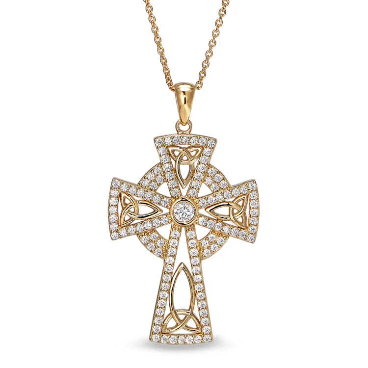 Gold Finish Sterling Silver Micropave Celtic Cross Pendant with Simulated Diamonds on 16" - 18" Adjustable Chain