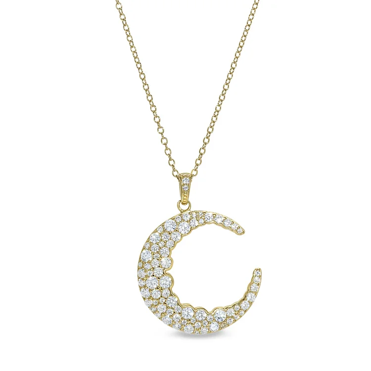 Gold Finish Sterling Silver Micropave Crescent Moon Pendant with Simulated Diamonds on 18" Cable Chain