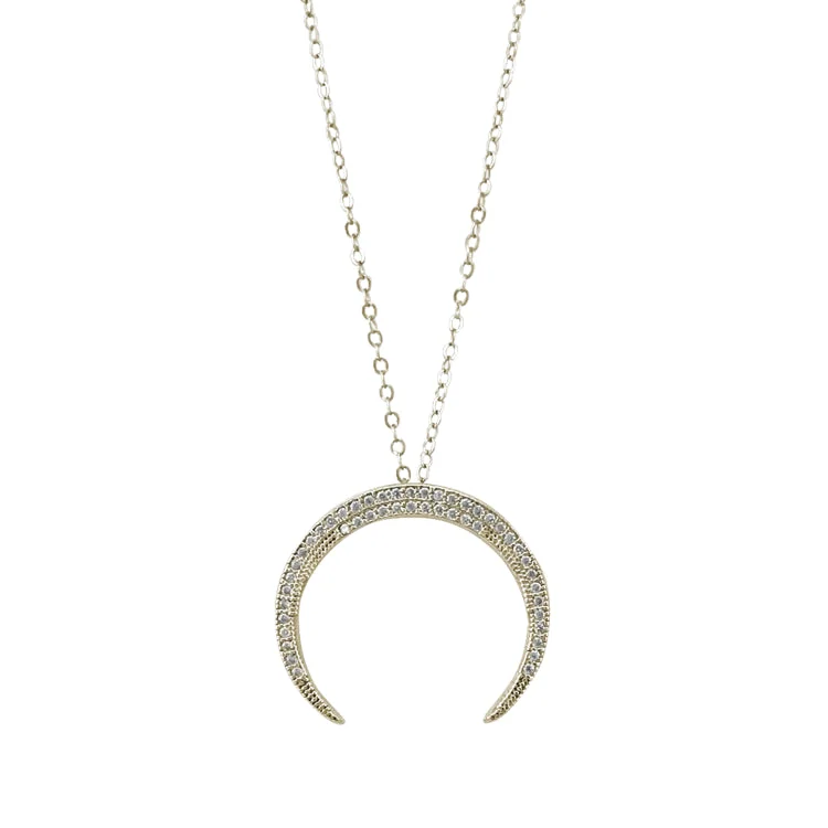 Gold Finish Sterling Silver Micropave Upside Down Crescent Moon Pendant with Simulated Diamonds on 18" Cable Chain