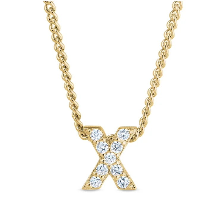 Gold Finish Sterling Silver Micropave X Initial Pendant with Simulated Diamonds on 18" Curb Chain