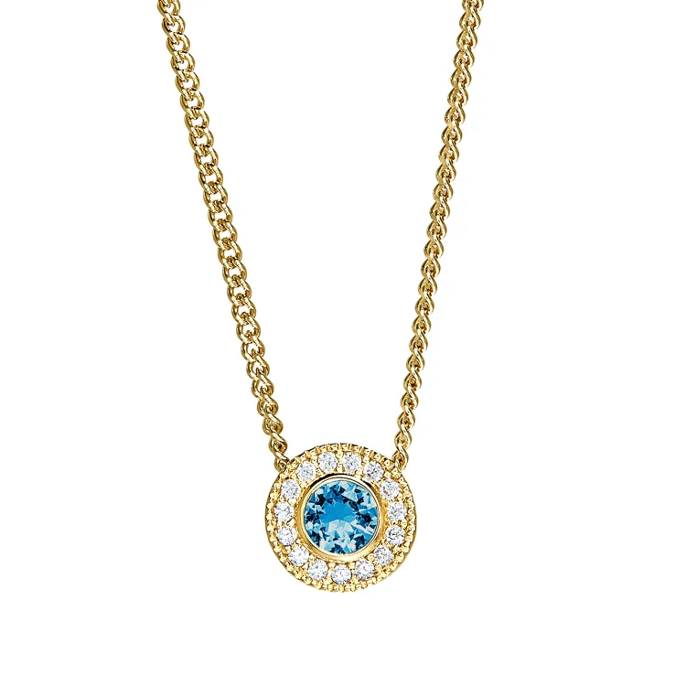 Gold Micropave Round Simulated Blue Topaz Birth Gem Pendant with Simulated Diamonds on 18" Curb Chain