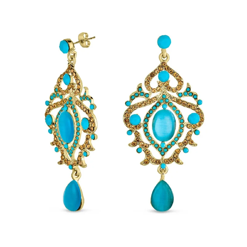 Large Aqua Blue Cats Eye Crystal Dangle Earrings Gold Plated Boho Statement