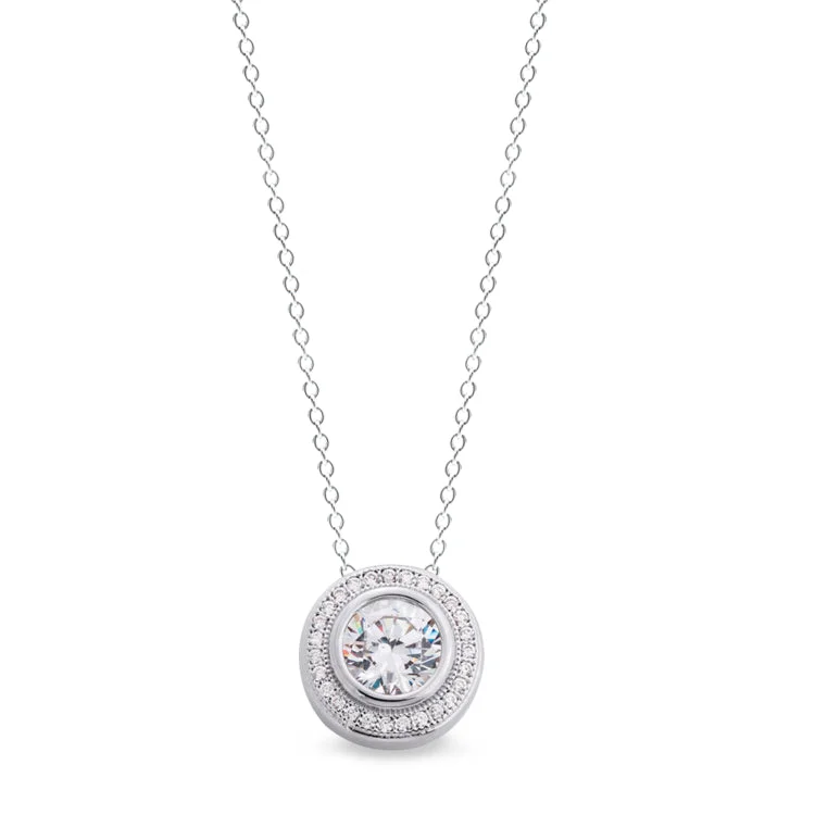 Platinum Finish Sterling Silver Micropave Round Pendant with 28 Simulated Diamonds on 18" Cable Chain