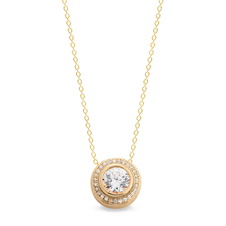 Gold Finish Sterling Silver Micropave Round Pendant with 28 Simulated Diamonds on 18" Cable Chain