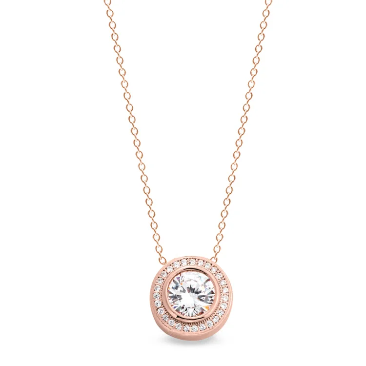 Rose Gold Finish Sterling Silver Micropave Round Pendant with 28 Simulated Diamonds on 18" Cable Chain