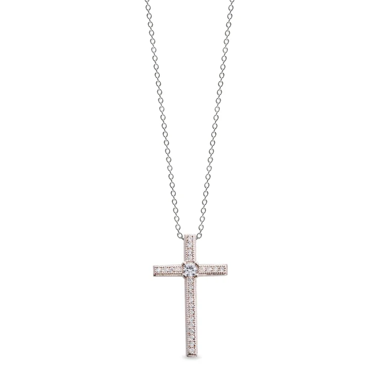 Platinum Finish Sterling Silver Micropave Thin Cross Pendant with 65 Simulated Diamonds on 18" Cable Chain