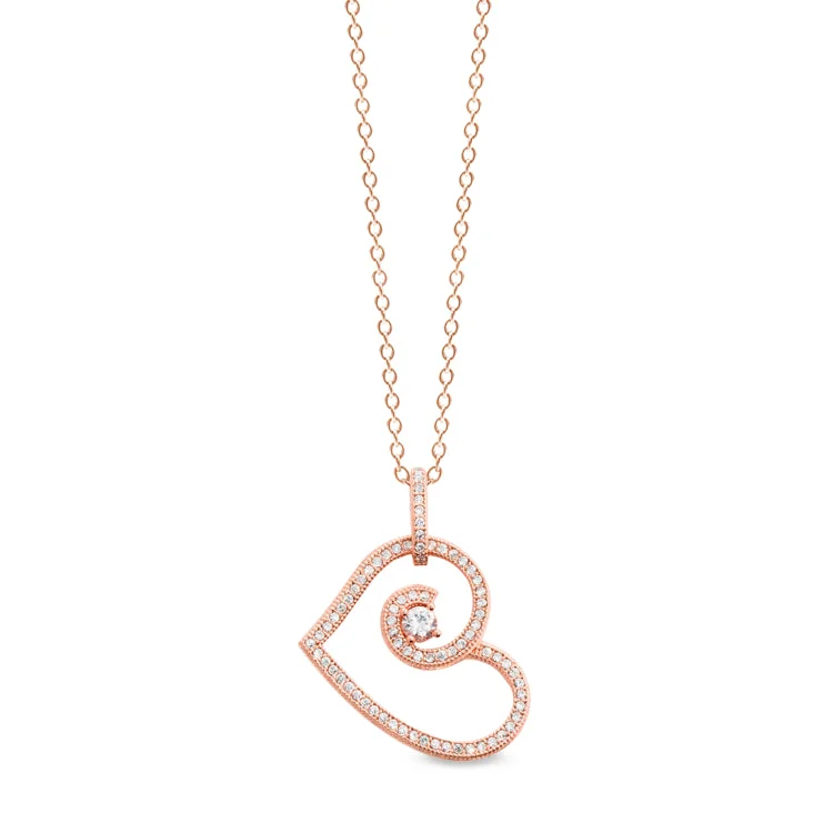 Rose Gold Finish Sterling Silver Micropave Heart Pendant with 84 Simulated Diamonds on 18" Cable Chain