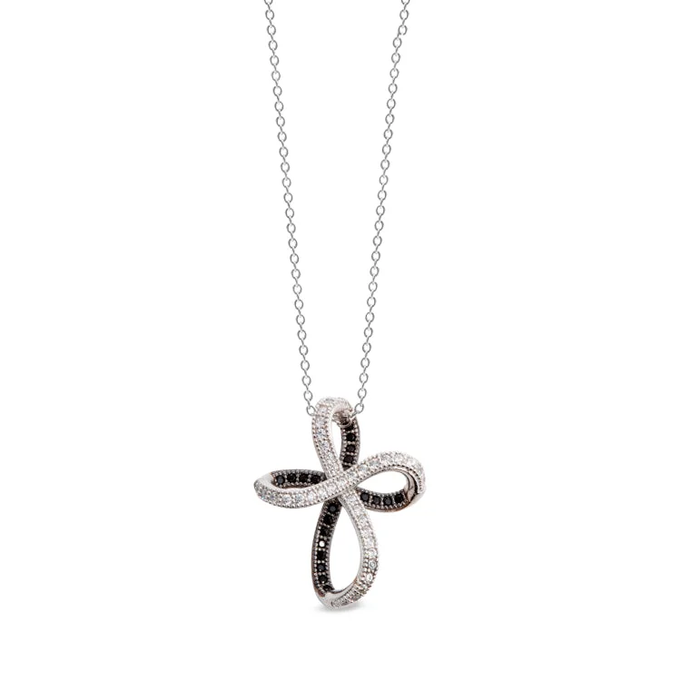 Platinum & Black Rhodium Finish Sterling Silver Ribbon Cross with Simulated Diamonds on 18" Cable Chain