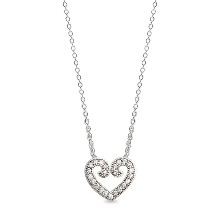 Platinum Finish Sterling Silver Micropave Heart Pendant with 23 Simulated Diamonds on 18" Cable Chain