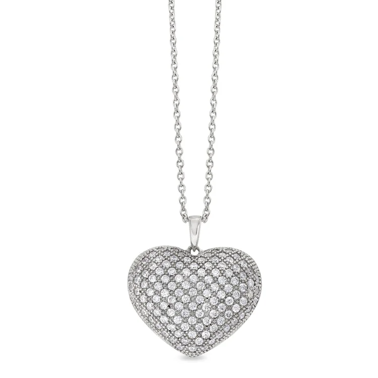 Platinum Finish Sterling Silver Micropave Heart Pendant with 118 Simulated Diamonds on 18" Cable Chain