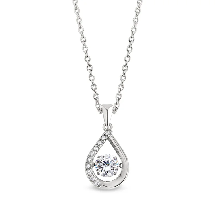 Platinum Finish Sterling Silver Micropave Dancing Stone Teardrop Pendant with Simulated Diamonds on 18" Cable Chain