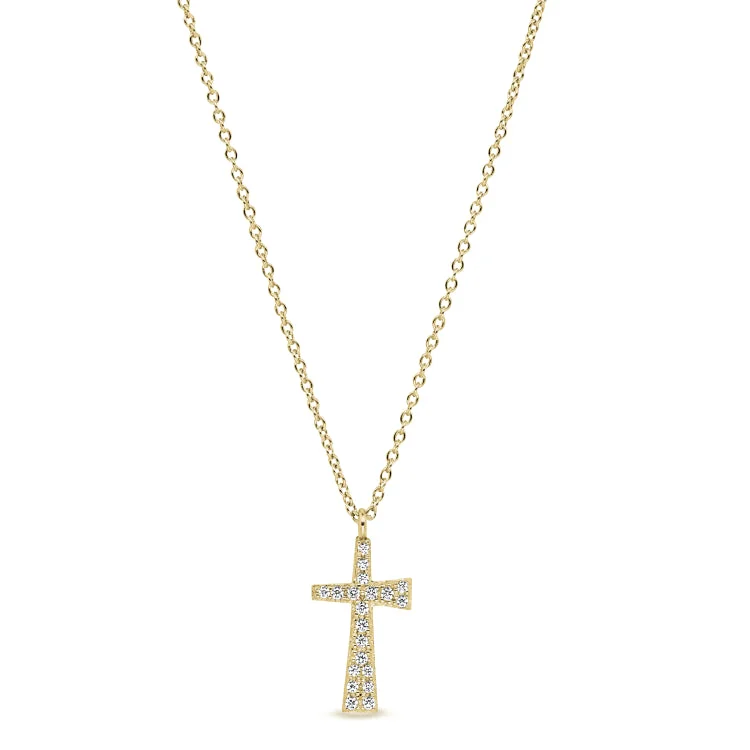 Gold Finish Sterling Silver Micropave Tapered Cross Pendant with Simulated Diamonds on 16"-18" Adjustable Chain