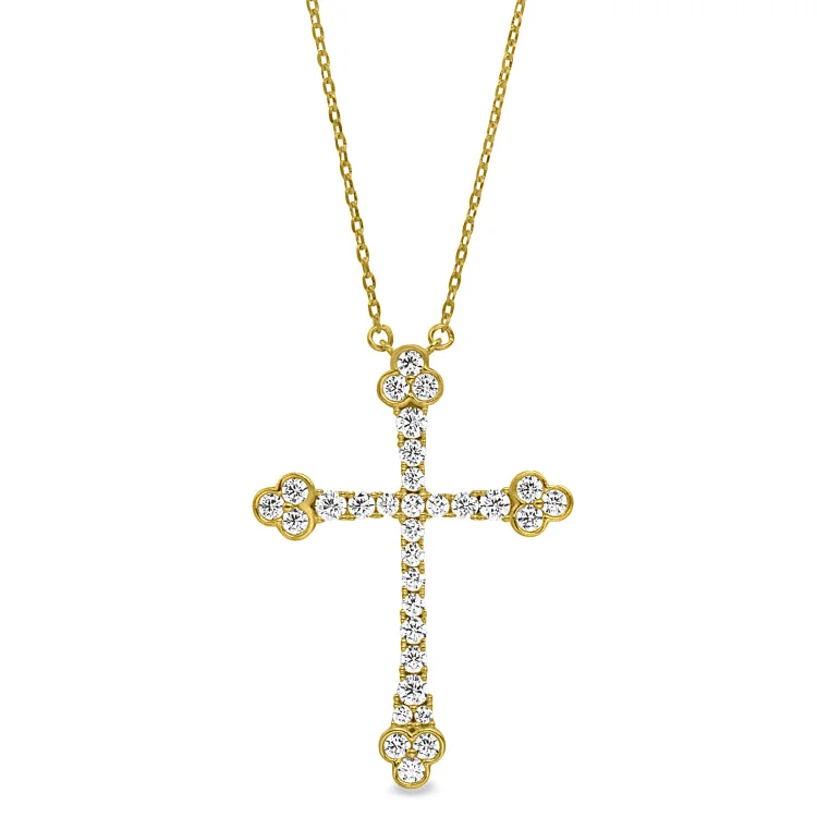 Gold Finish Sterling Silver Micropave Fancy Cross Pendant with Simulated Diamonds on 16"-18" Adjustable Chain