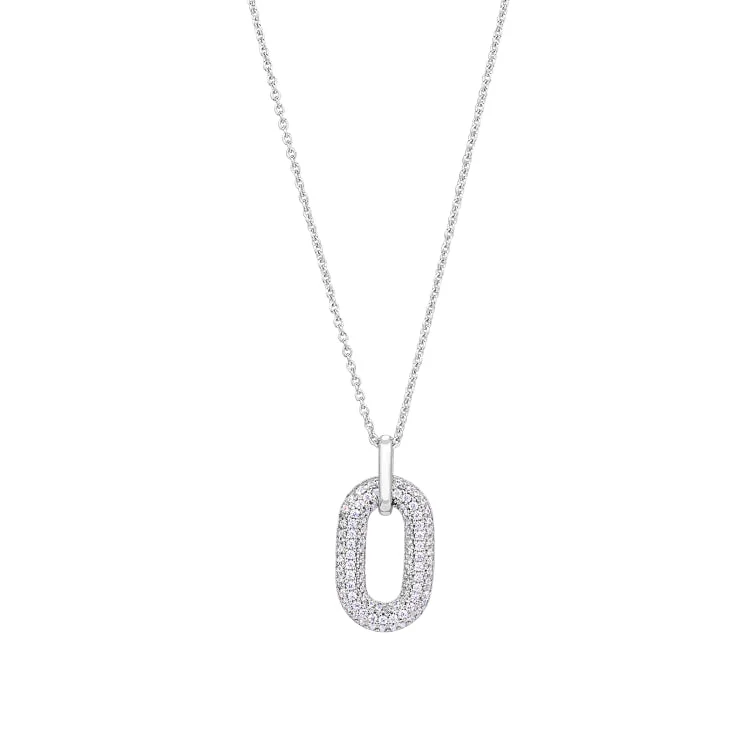 Platinum Finish Sterling Silver Micropave Open Oval Pendant with Simulated  Diamonds on 16" - 18" Adjustable Chain