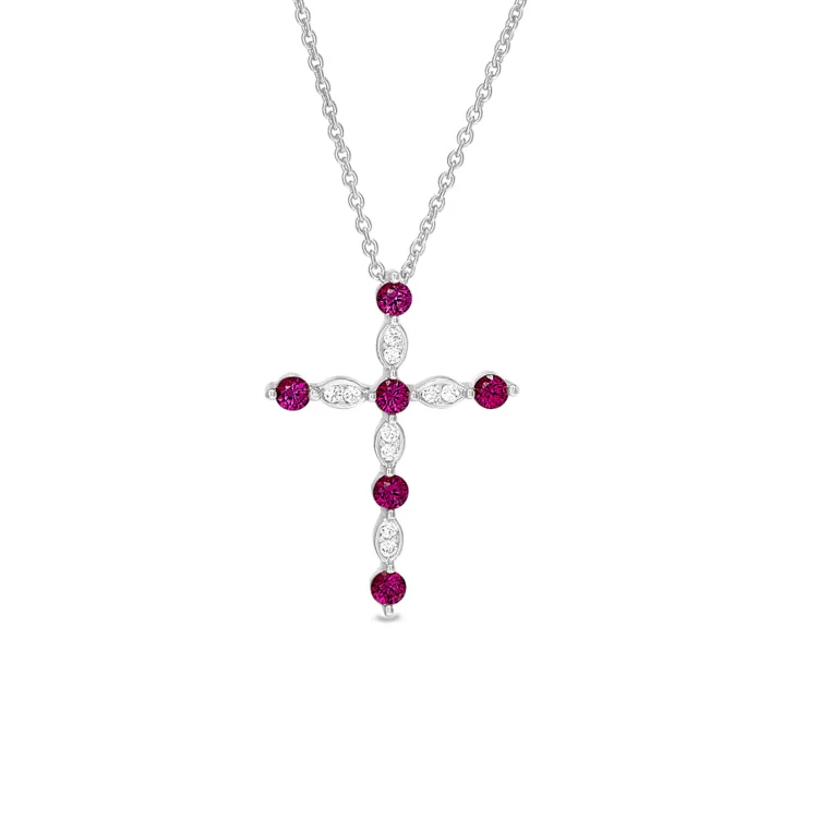 Platinum Finish Sterling Silver Cross Pendant with Simmulated Rubies and Simulated Diamonds on 16" - 18" Adjustable Chain