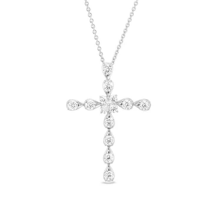 Platinum Finish Sterling Silver Cross Pendant with Simulated Diamonds on 16" - 18" Adjustable Chain