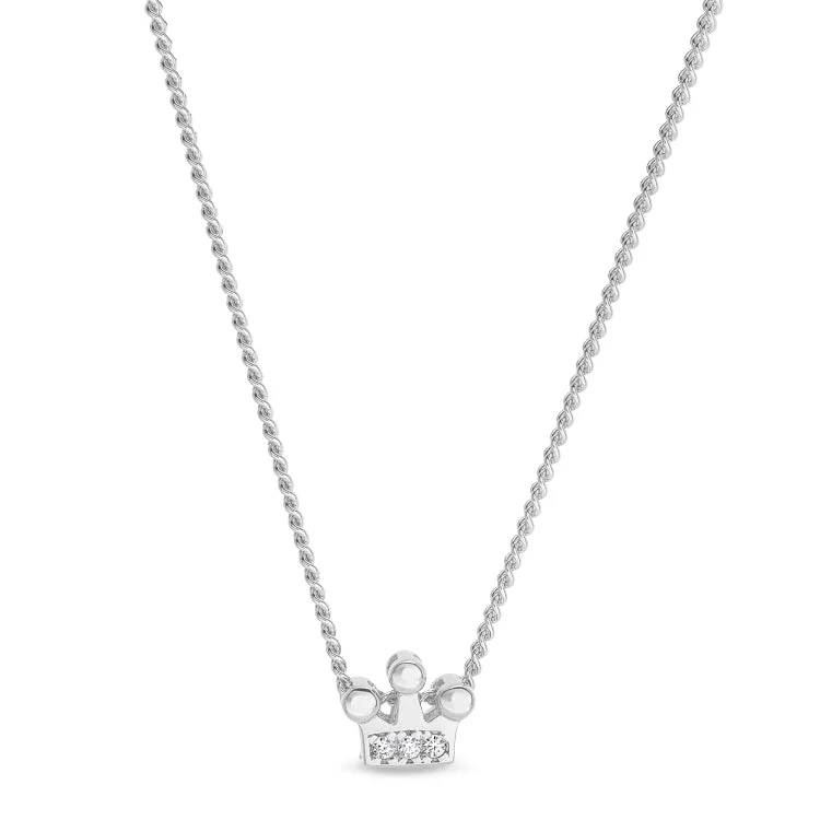 Platinum Finish Sterling Silver Crown Pendant with Simulated Diamonds on 18" Chain