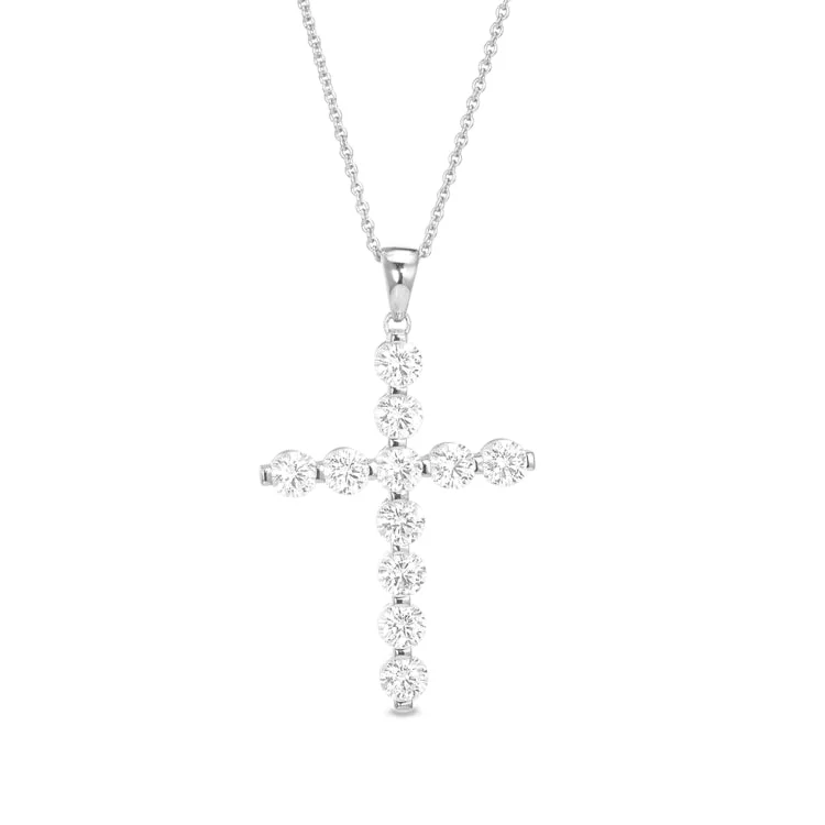 Platinum Finish Sterling Silver Fancy Beaded Bezel Set Cross Pendant with Simmulated Diamonds on 16" - 18" Adjustable Chain