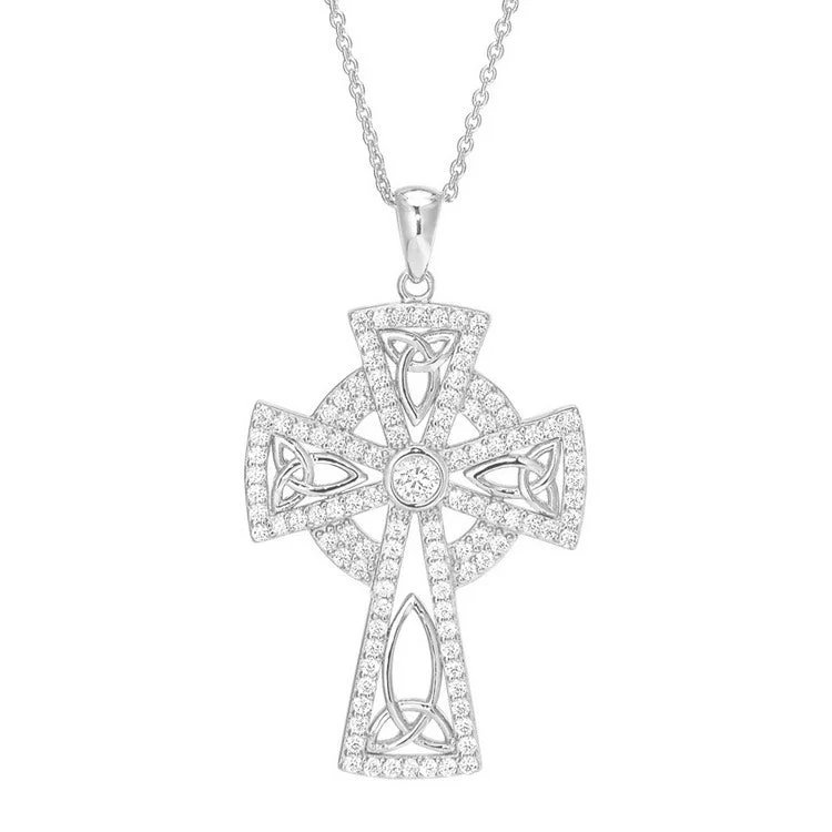 Platinum Finish Sterling Silver Micropave Celtic Cross Pendant with Simulated Diamonds on 16" - 18" Adjustable Chain