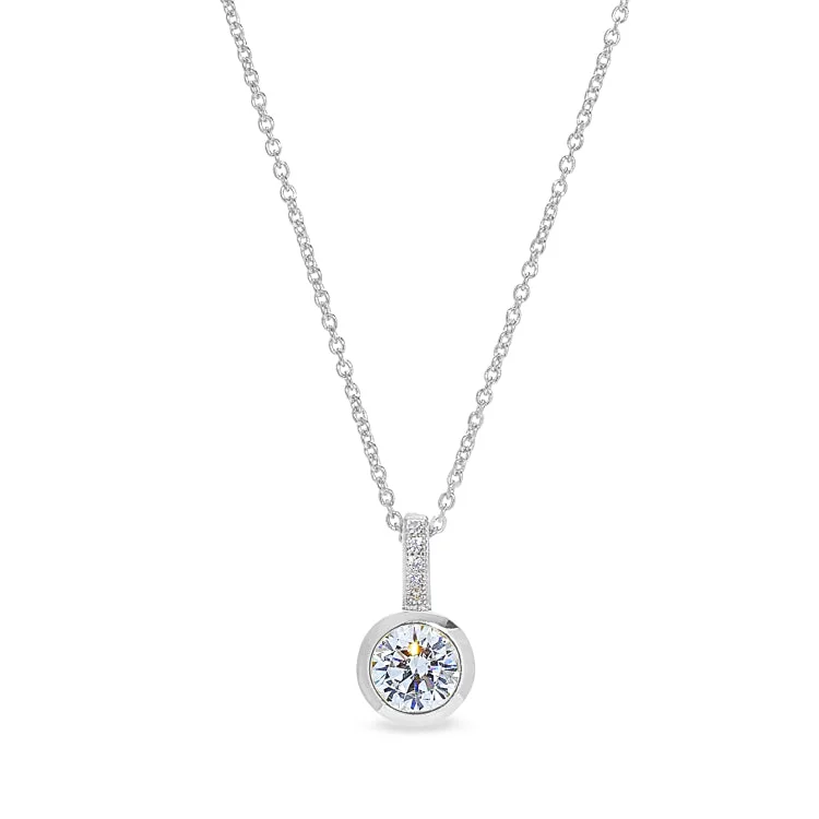 Platinum Finish Sterling Silver Micropave Drop Bezel Pendant with Simulated Diamonds on 16" - 18 "Adjustable Cable Chain