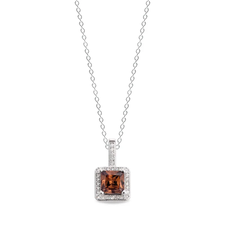 Platinum Finish Sterling Silver Micropave Princess Cut Brown Pendant with Simulated Diamonds on 18" Cable Chain