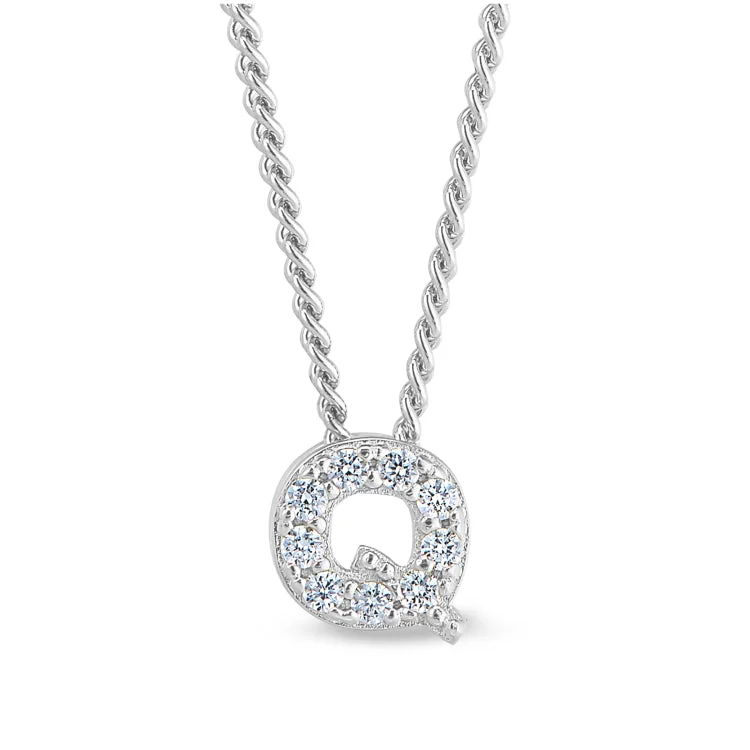 Platinum Finish Sterling Silver Micropave Q Initial Pendant with Simulated Diamonds on 18" Curb Chain