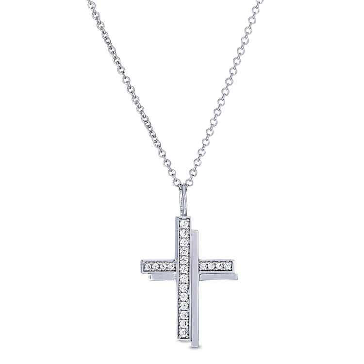 Platinum Finish Sterling Silver Micropave Shadow Cross Pendant with Simulated Diamonds on 18" chain