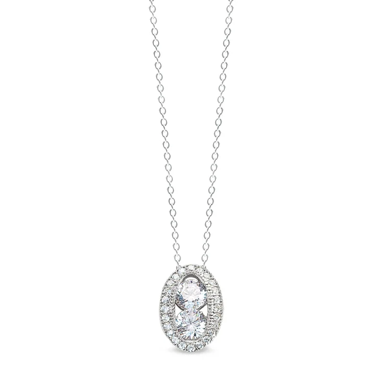 Platinum Finish Sterling Silver Micropave Two Stone Oval Pendant with Two 120 Facet Simulated Daimonds on 18" Cable Chain