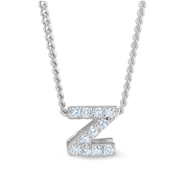 Platinum Finish Sterling Silver Micropave Z Initial Pendant with Simulated Diamonds on 18" Curb Chain