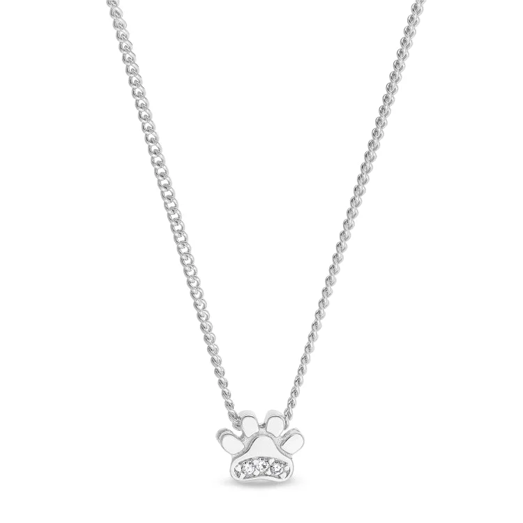 Platinum Finish Sterling Silver Paw Pendant with Simulated Diamonds on 18" Chain