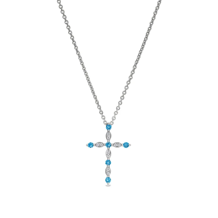 Platinum Finish Sterling Silver Simmulated Blue Topaz Cross Pendant with Simmulated Diamonds on 16" - 18" Adjustable Chain