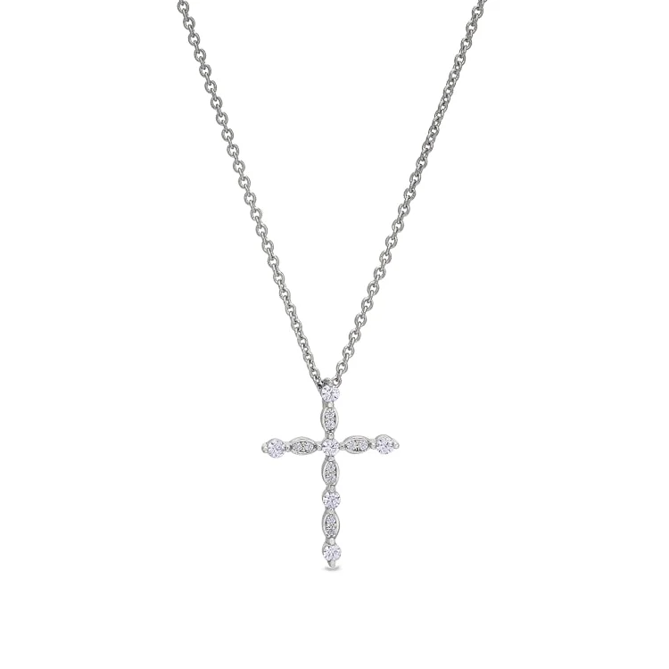 Platinum Finish Sterling Silver Simmulated Diamond Cross Pendant with Simmulated Diamonds on 16" - 18" Adjustable Chain