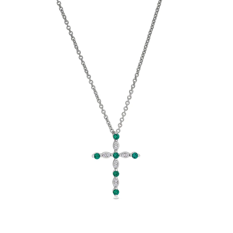 Platinum Finish Sterling Silver Simmulated Emerald Cross Pendant with Simmulated Diamonds on 16" - 18" Adjustable Chain