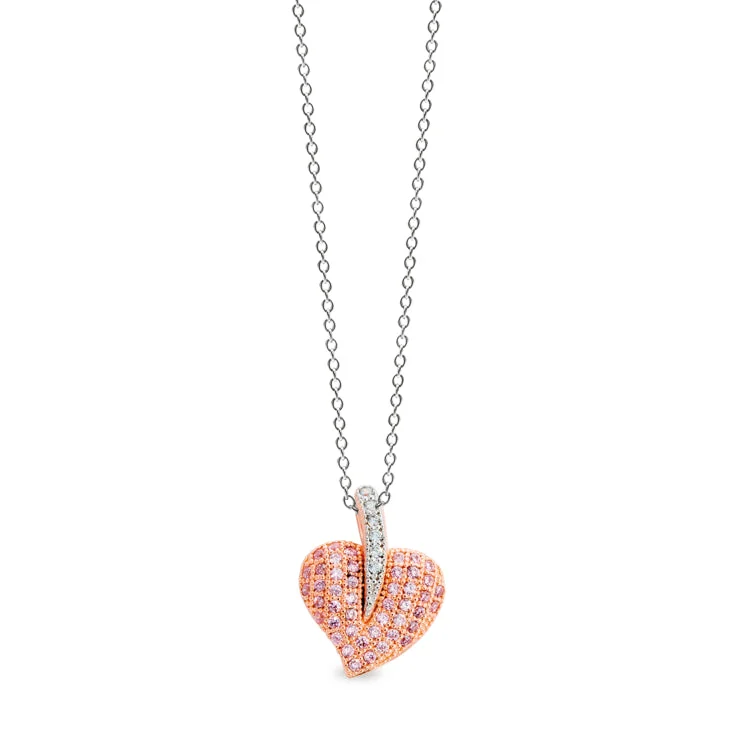 Rose Gold and Platinum Finish Micropave Sterling Silver Heart Pendant with 51 Simulated Diamonds on 18" Cable Chain