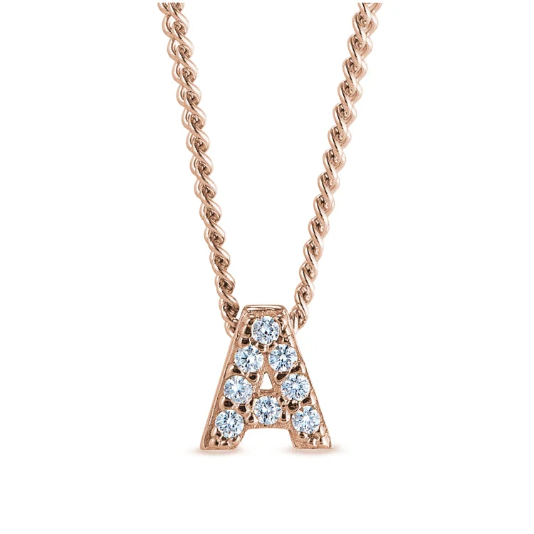 Rose Gold Finish Sterling Silver Micropave A Initial Pendant with Simulated Diamonds on 18" Curb Chain