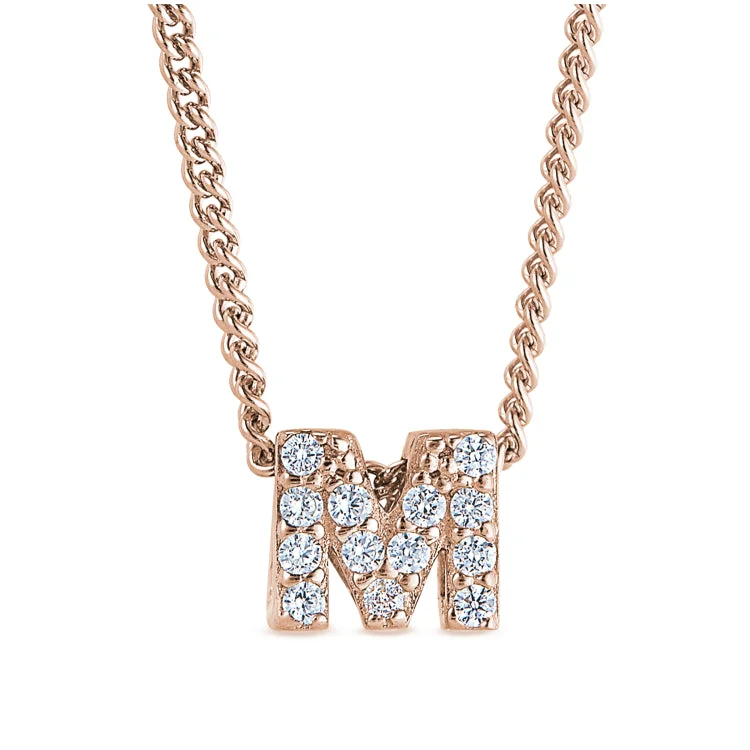 Rose Gold Finish Sterling Silver Micropave M Initial Pendant with Simulated Diamonds on 18" Curb Chain