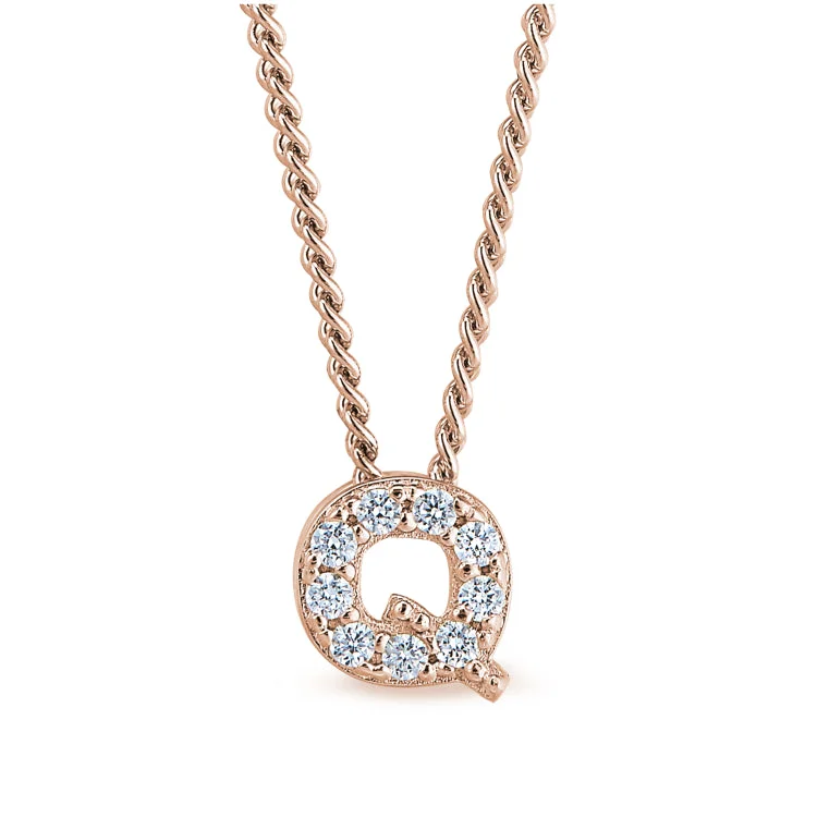 Rose Gold Finish Sterling Silver Micropave Q Initial Pendant with Simulated Diamonds on 18" Curb Chain