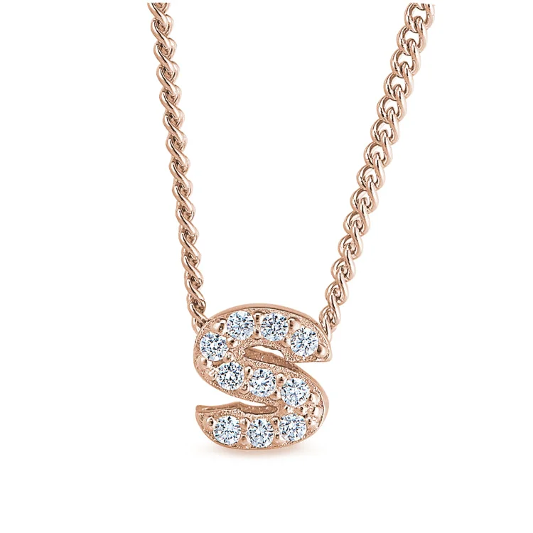 Rose Gold Finish Sterling Silver Micropave S Initial Pendant with Simulated Diamonds on 18" Curb Chain