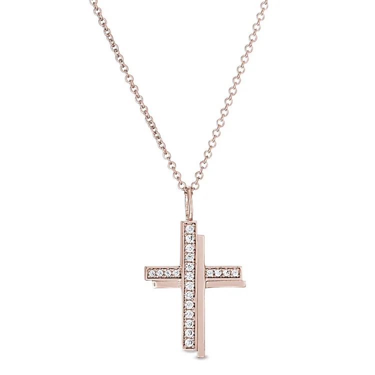 Rose Gold Finish Sterling Silver Micropave Shadow Cross Pendant with Simulated Diamonds on 18" chain