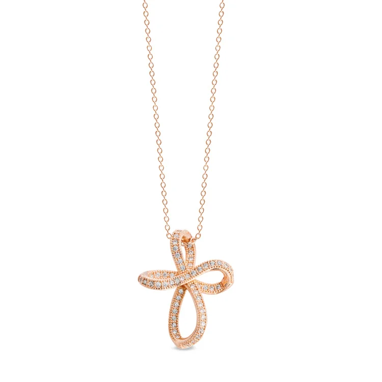 Rose Gold Finish Sterling Silver Ribbon Cross with Simulated Diamonds on 18" Cable Chain