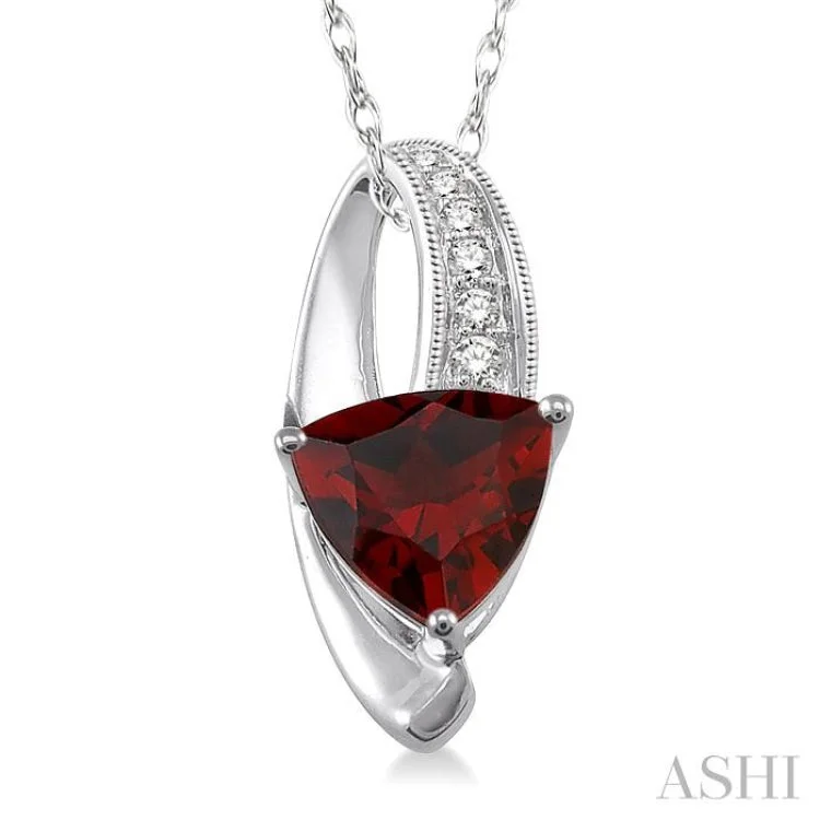 8x8 MM Trillion Cut Garnet and 1/20 Ctw Single Cut Diamond Pendant in 10K White Gold with Chain