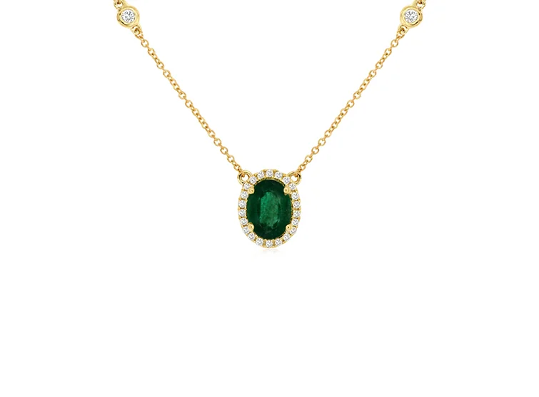 Sabel Collection Yellow Gold Oval Emerald and Diamond Halo Station Necklace