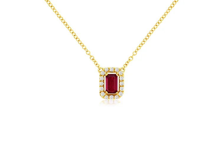 Sabel Collection Yellow Gold Ruby and Round Diamond Halo Pendant