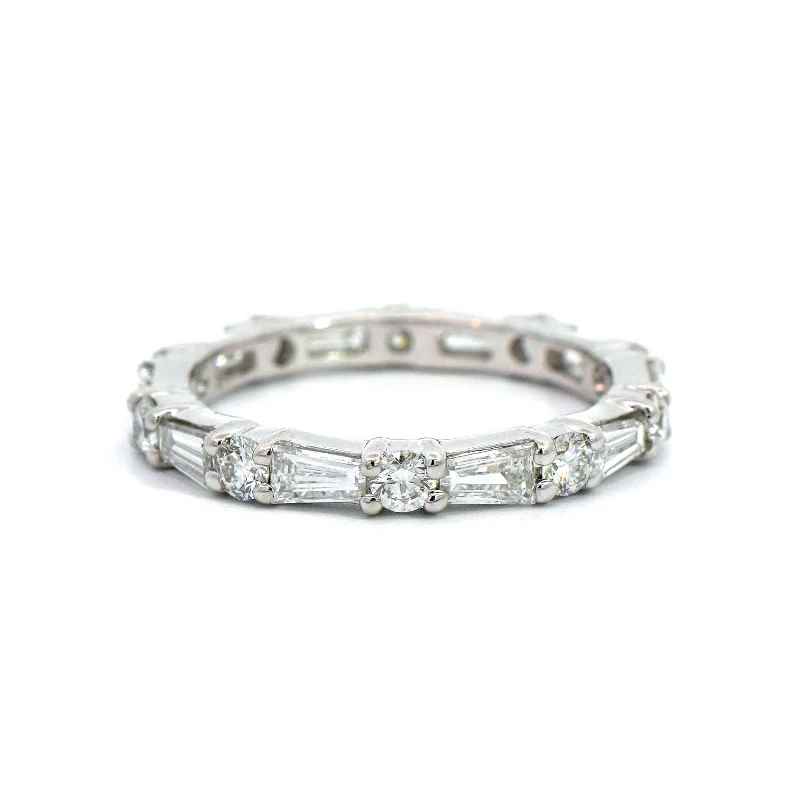 Platinum Shared Prong Alternating Round & Baguette Shaped Diamond Eternity Band